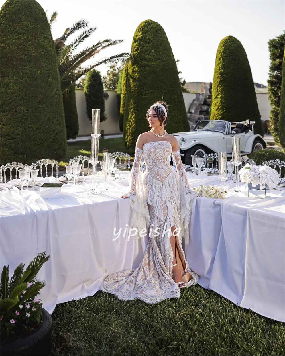 Abiti lunghi senza spalline a sirena con pieghe increspate in pizzo moda stile moderno personalizzato Abiti per occasioni su misura Taglie disponibili formali