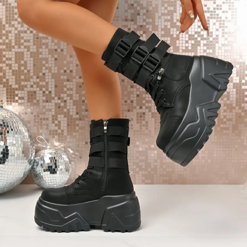 

Gothic Boots Woman Autumn Leather Chunky High Platform Black Punk Style Belt Buckle Height Increasing Short Booties
