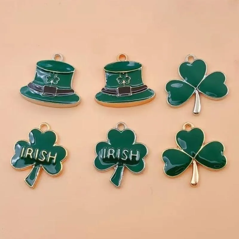 10pcs New Green Irish Hat Clover Charm For DIY Women's Necklace Earring Keychain Bracelet For Jewelry Making Accessories