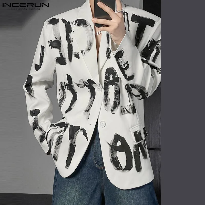 INCERUN Long Sleeve Loose Simple Open Up Jackets Men Artistic Hand-Drawn Letter Design Blazer Casual Lapel Collar Printing Suits