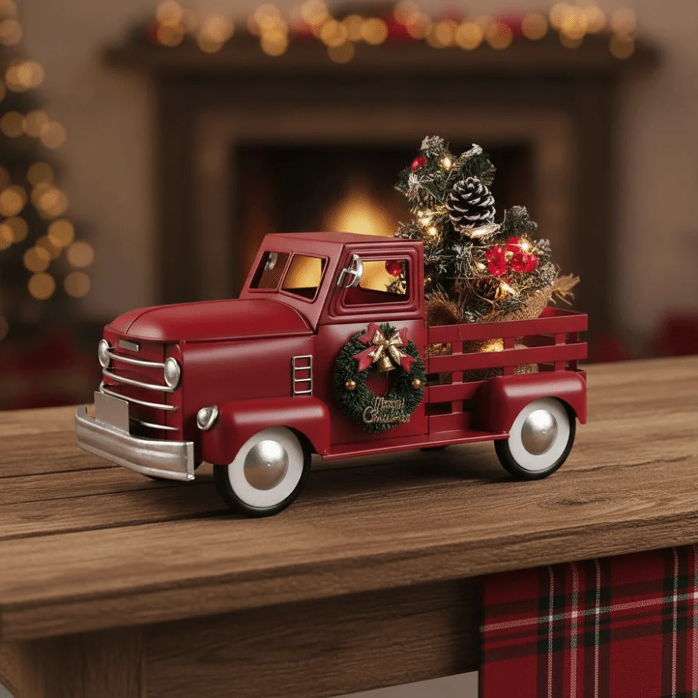 American Rustic Style Red Truck with Christmas Tree Ornament Vintage with Light Desktop Truck Figurine Metal Mini