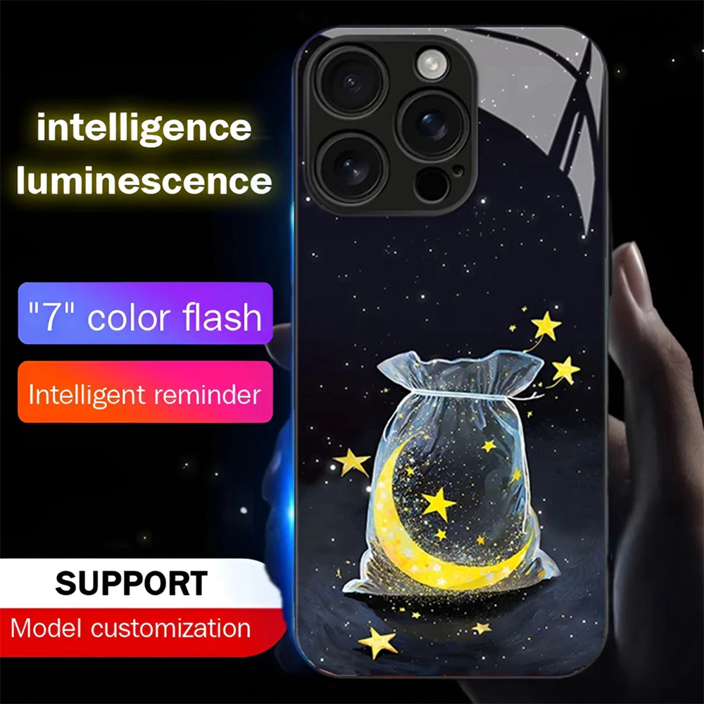 

Pretty Glowing Moon LED Calling Light Flash Phone Case Glitter Cover For iPhone Air 17 16 E 15 14 13 12 11 Pro Max Plus