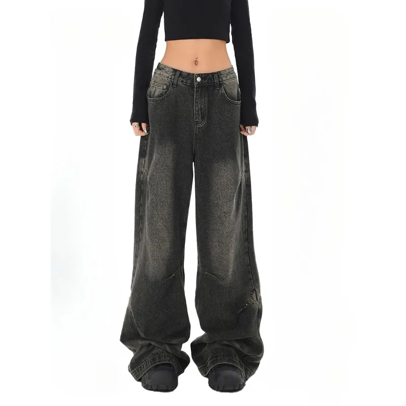 Deeptown Y2k Vintage Black Jeans Women Streetwear Baggy Denim Pants Wide Leg Harajuku Korean Trousers Goth Spring 2024 American