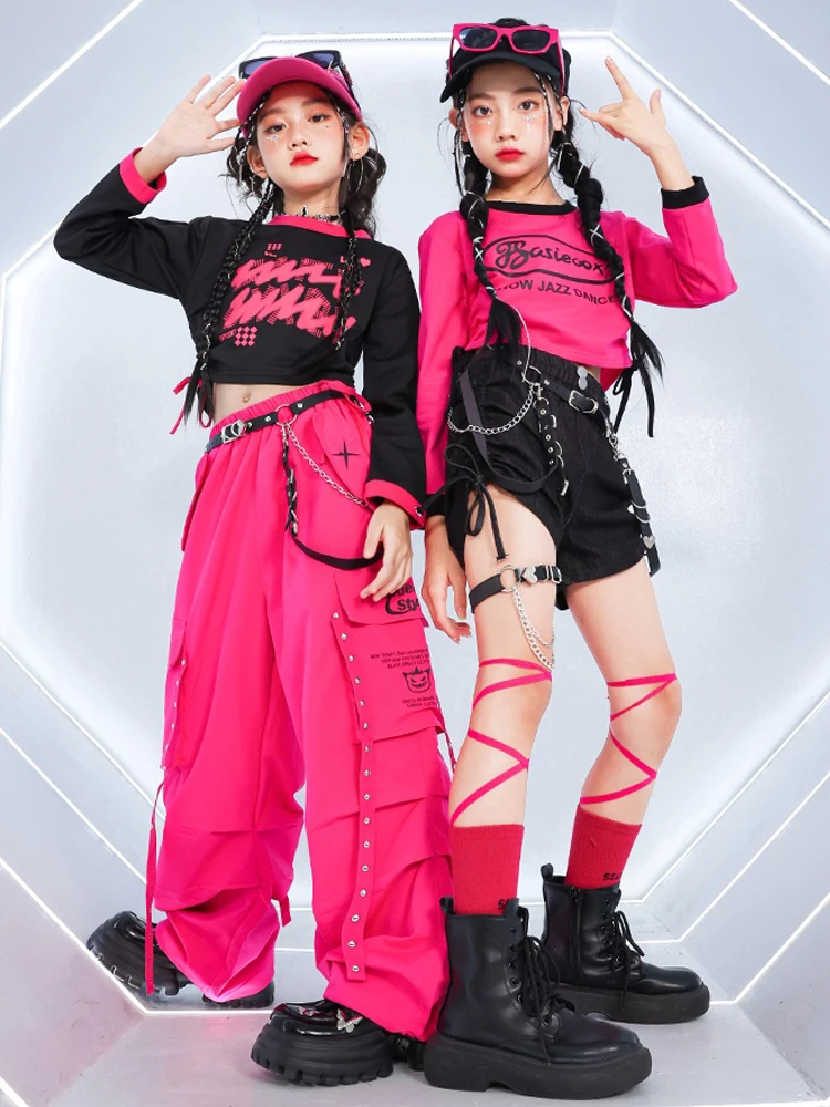 Girls Kpop Jazz Dance Clothes Cheerlead Costume Long Sleeves Navel Tops Hip Hop Pants Kids Hiphop Competition Clothing BL13548