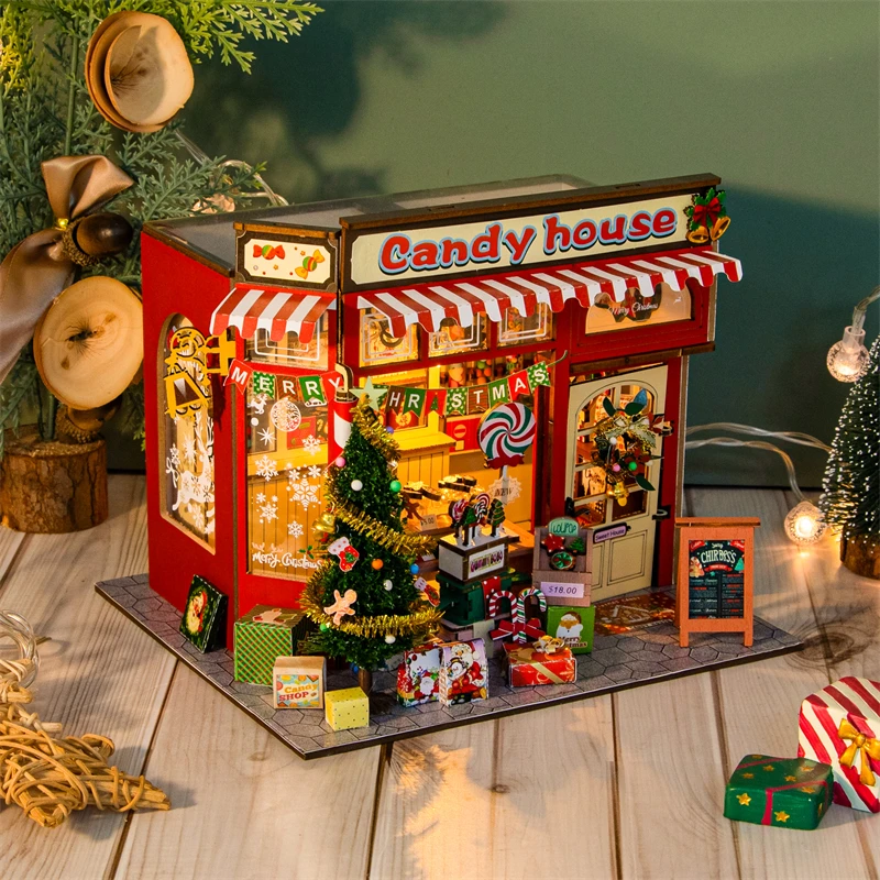 DIY Świąteczny Domek na Cukierki Drewniany Miniaturowy Model Zestaw Puzzle 3D Domki Cukrowe z Meblami Domek dla Lalek na Prezent dla Przyjaciół