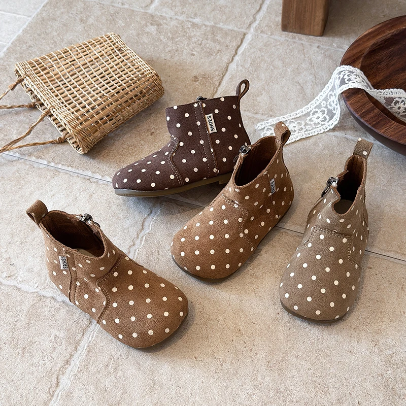 Little Girls Polka Dot Suede Ankle Boots, Side Zipper Pull Tab Non‑Slip Soft Sole Casual Short Boots