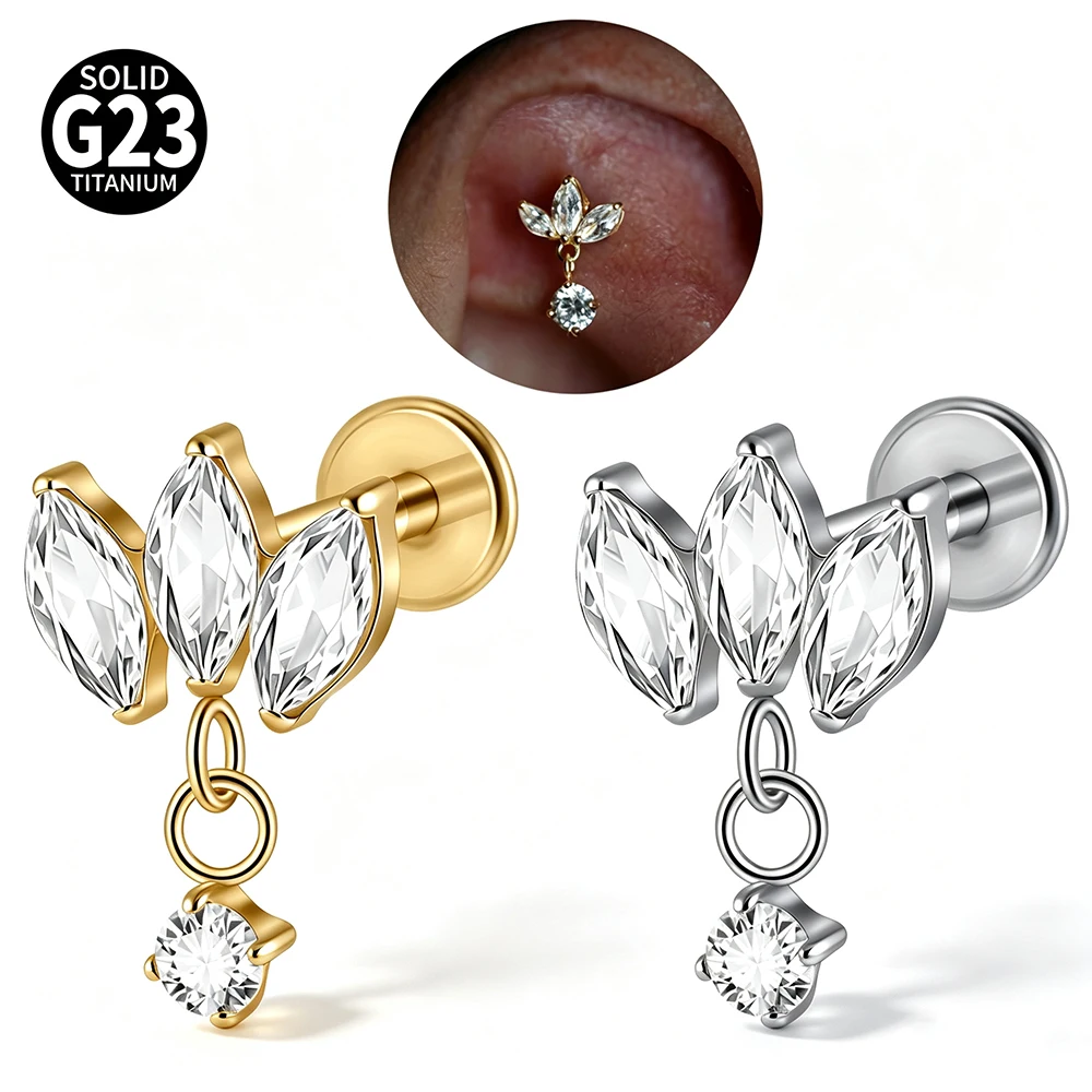 G23 Titanium Marquise Zircon Dangle Claw Zircon Earrings Internal Thread Ear Tragus Helix Conch Flat Labret Piercing Jewelry 16G
