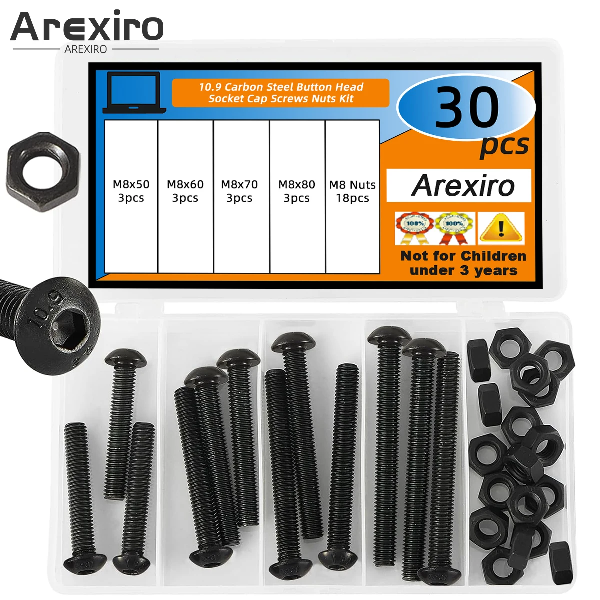 

30PCS 10.9 Grade Carbon Steel M8x50/60/70/80mm, Button Head Hexagonal Screw Nut Kit