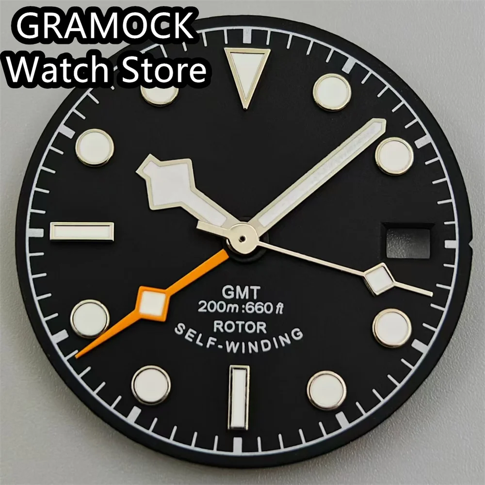 GRAMOCK 29mm Watch Dial Black Dial With Hand Set Green Luminous Fit NH34 Movement