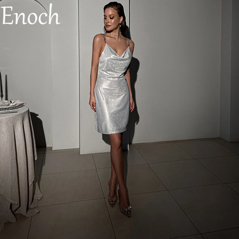 

ENOCH Scoop Neck Party Dress Sexy Backless V Neck with Spaghetti Straps Robe De Mariée Mini Skirt Sleeveless Formal Robe Party