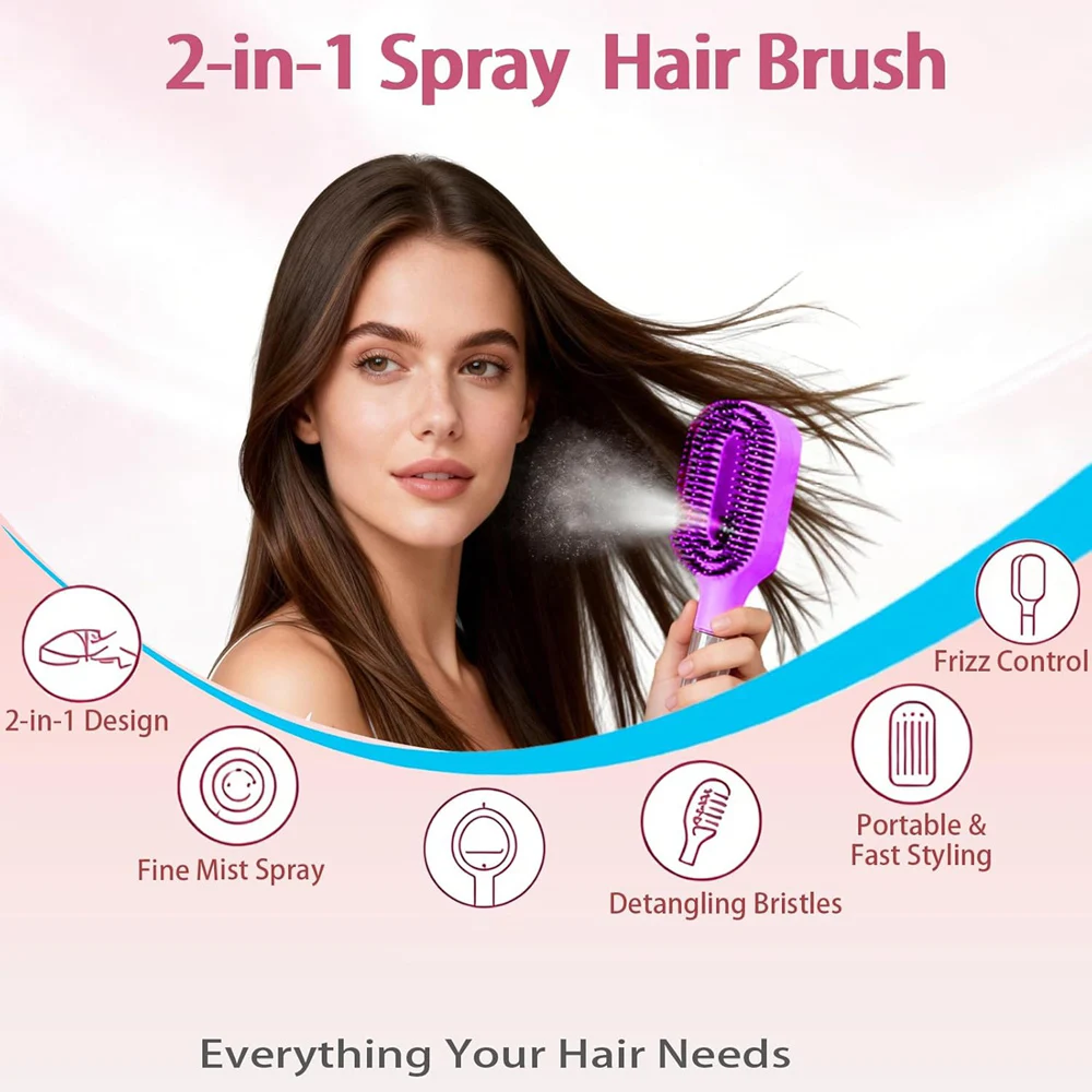 2-in-1 Detangling Hair Brush Spray Mister Hair Styling Tool Set 6Pcs Rat Tail Teasing Edge Control Brush for Women Men Home Salo