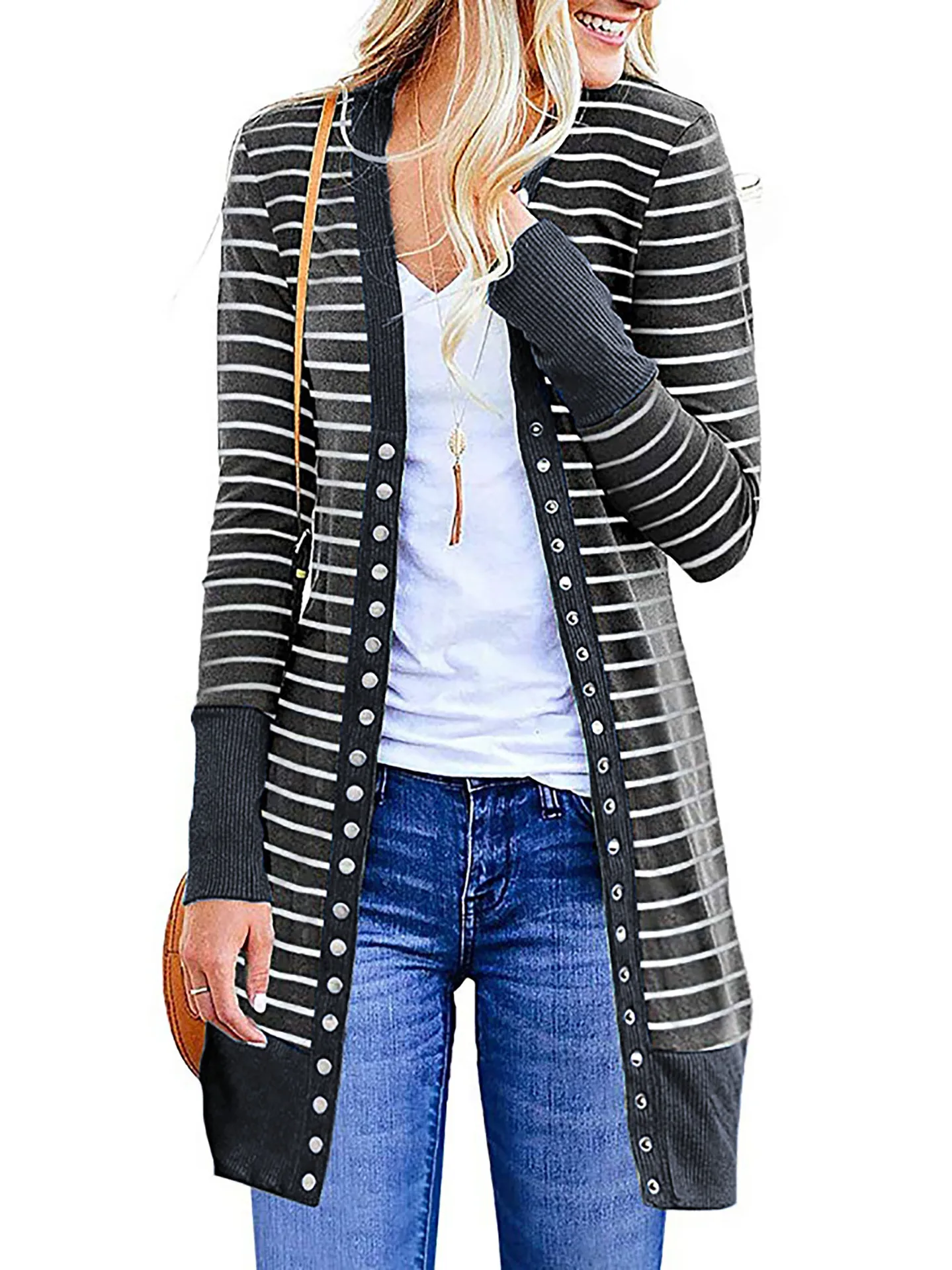 Amazon Sells European And American Ladies' Fashion In Autumn And Winter. Long knitted Coat Button Stripe Casual Cardigan Tide.