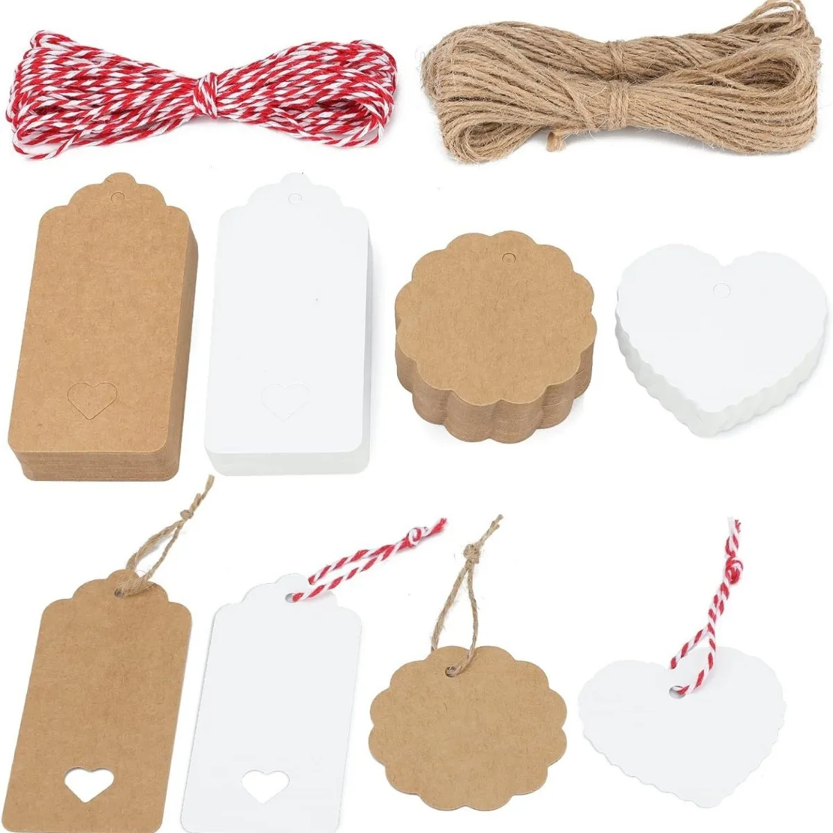 

100pcs Gift Tags with String Attached Designs White and Brown Blank Labels Gift Tag with Strings Hanging for Wedding Party Favor