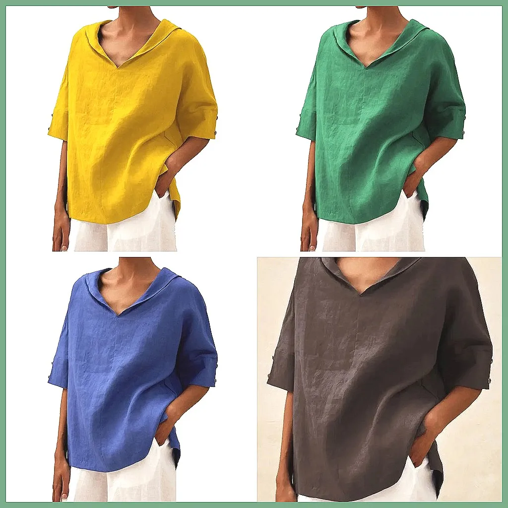 Women's Loose V-Neck Cotton Linen Shirt 2026, Casual Elegant Summer Blouse Office Wear (Characters: 68)
