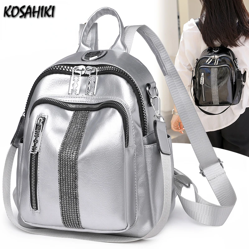 Fashion Casual Korean Travel Women\'s Bags High-capacity Preppy Y2k Students Schoolbags Simple Soft Leather Sequined Backpacks