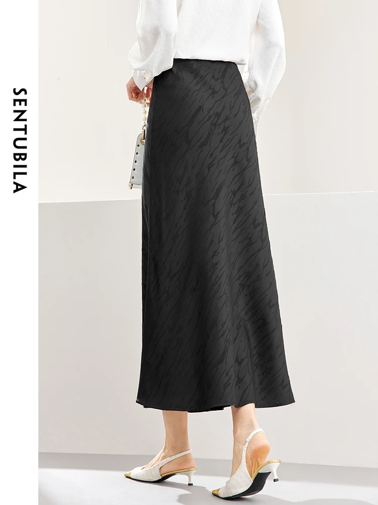 SENTUBIL Black Elegant Jacquard A-line Women\'s Trumpet Skirt 2024 Summer New Chinese Style Simple Elegant Midi Skirts 141Q53352