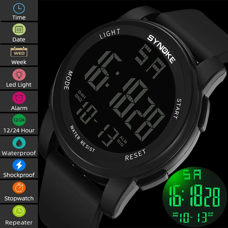 

Synoke Men's Digital Sport's Watches Soft PU Strap Big Size Dial 50M Waterproof Led Chronograph Wristwatch Male Alarm Clock