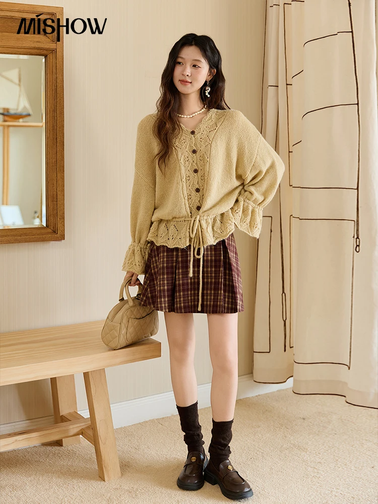 MISHOW اليدوية سترة كروشيه سترة الخريف الموهير مضيئة كم محبوك القمم موجة الخامس الرقبة الدانتيل متابعة الخصر سترة MXE47Z2513 #5