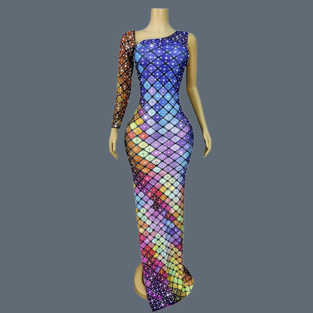 

Sparkly Rhinestone Long Sleeves Long Dress Women Birthday Party Sexy Luxury Evening Gown Club Stage Show Event Costume Caige