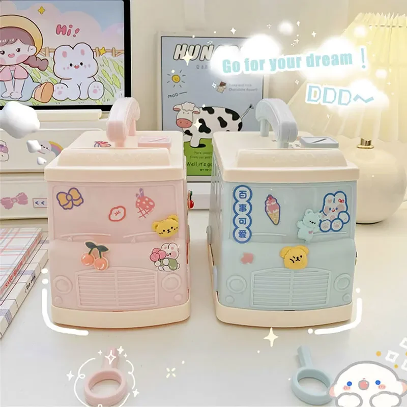 Portable Bus House Money Box Plastic Key Lock Cash Box Students Creative Piggy Bank Toys Safe Savings Jar For Kids Adults Gift