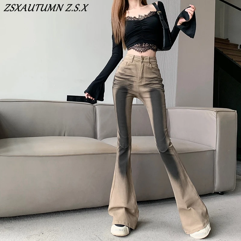 Women's Slim Streetwear Style Niche Art Inkjet Denim Trouser Vintage Harajuku Sheath High Waist Flared Jeans Female Y2K Pants