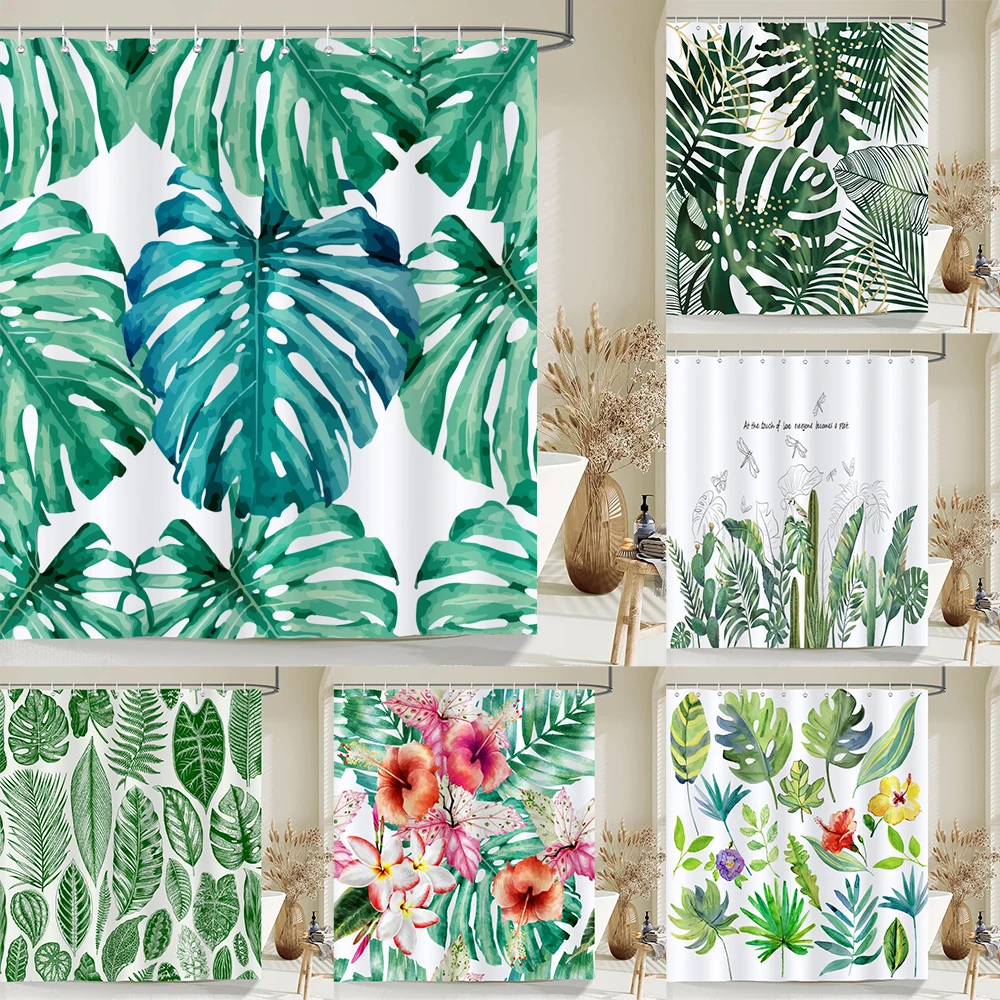 

3D green Leaves Tropical plants printed shower curtain polyester waterproof bathroom curtain home decoration curtain with hooks