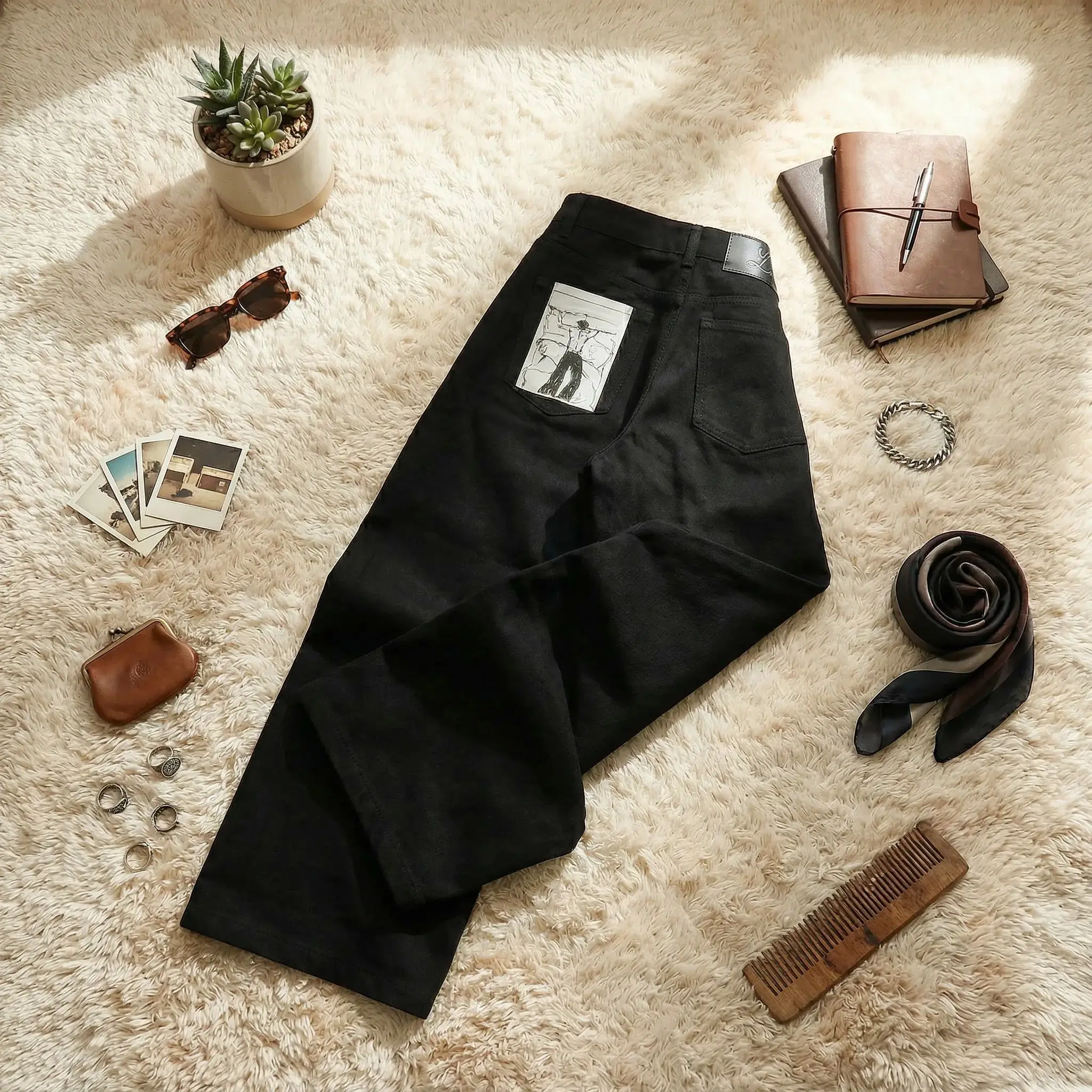 

Y2K Art Sketch ket Print Bla Jeans Loose Fit ex Durable Polyester Fabric Dstring Waist Summer 205 Collection