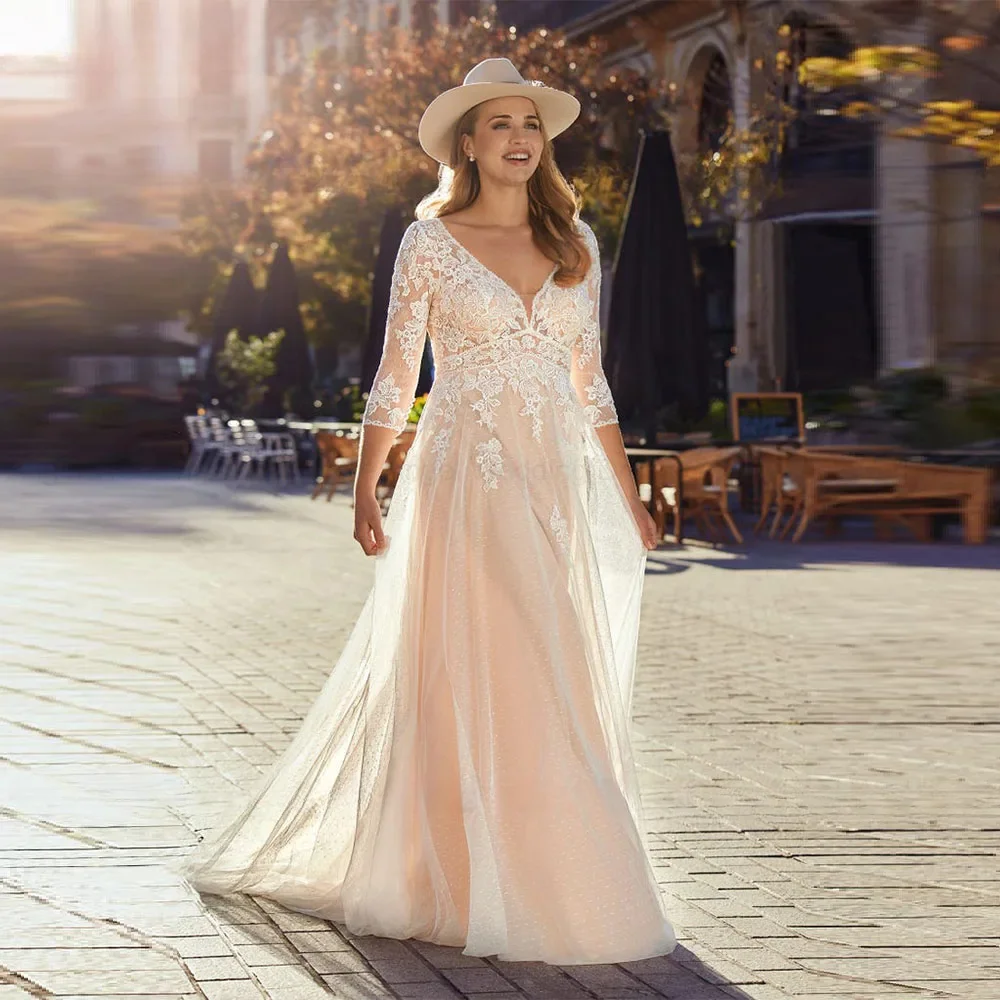 

Wedding Dress Women V Neck Applique Tulle Bride Gown Elegant 3/4 Sleeves Bridal Dress Formal Wedding Gowns for Bride Bridal Gown