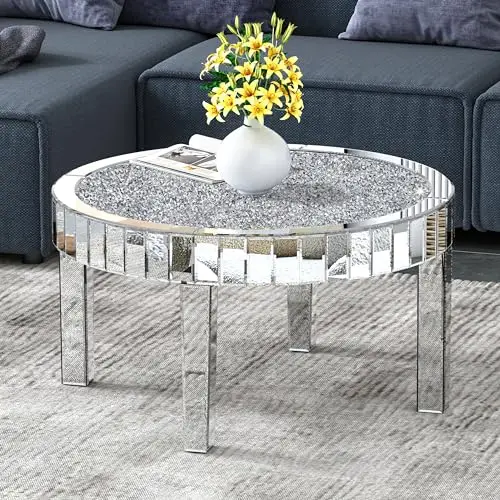 Mirrored Coffee Table With Crystal Inlay, 31.5'' Modern Round Coffee Table With Mirror Surface, Silver Accent Table For Living R