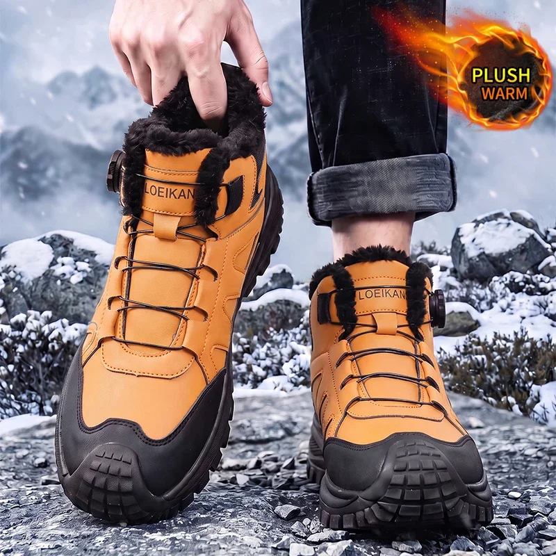 Herren Winter Warme Stiefeletten, Hohe Stiefel mit Fleece-Futter, Schneeschuhe mit Drehverschluss, Rutschfeste Dicke Sohle, Freizeitstiefel – Detail 6