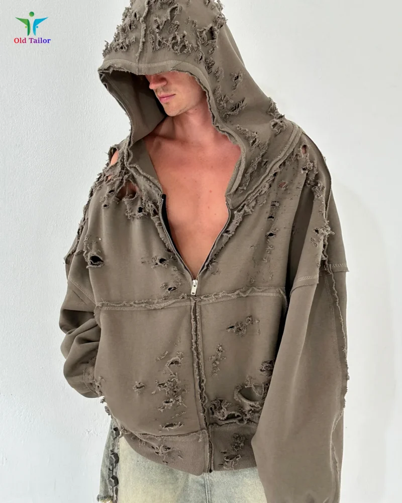 

Trendy Fashion Distressed Heavyweight Khaki Hooded Sweatshirts for Men and Women Vintage Highest Quality Winter Hooded Coats