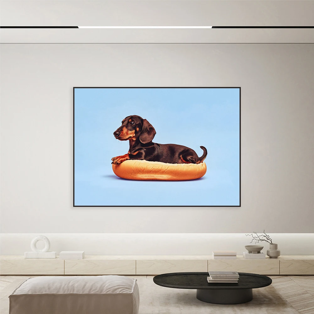 Hot dog dachshund print, funny animal dachshund art, cute dog poster for living room, dining room, kitchen, hallway, kids room