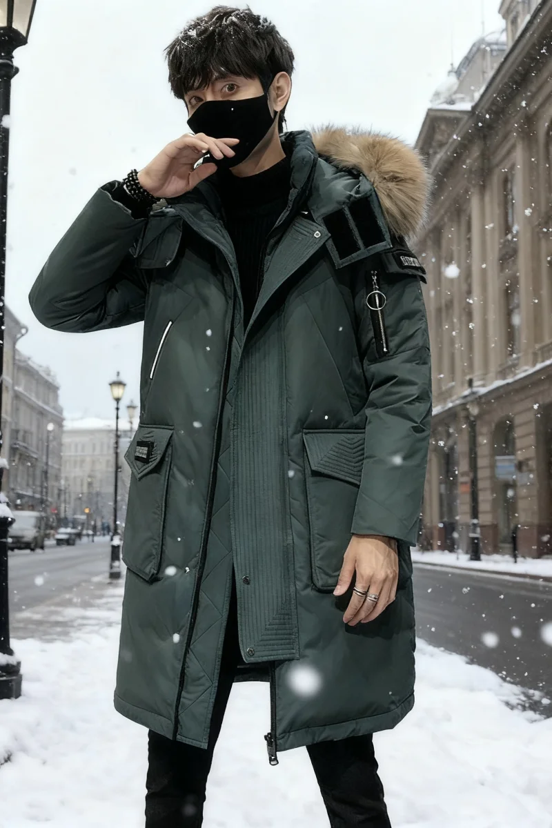 Men's Knee-Length Down Parka with Faux Fur Trim - Heavyweight Workwear Coat for Extreme Cold