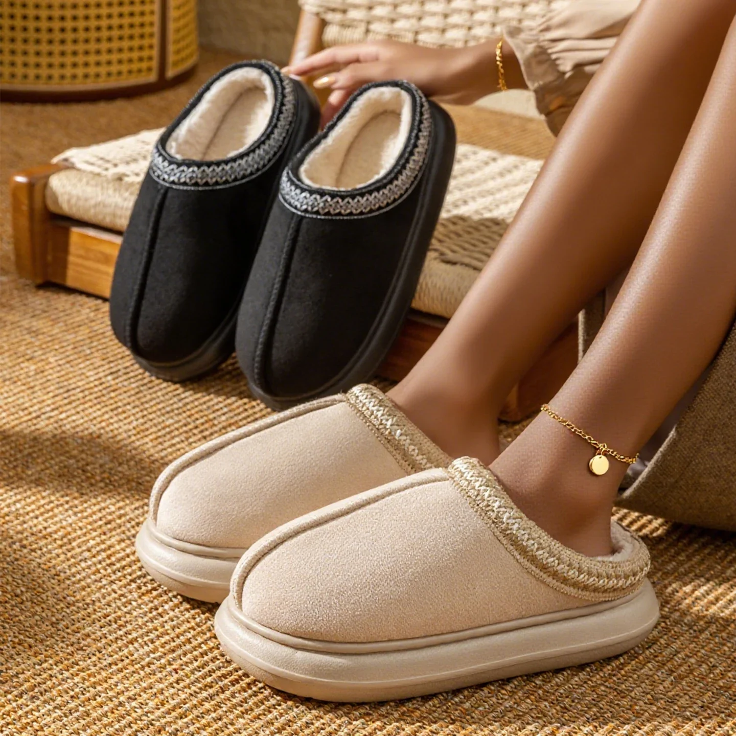شبشب شتوي نسائي من القطيفة أحذية منزلية غامضة مع نعل سميك غير قابل للانزلاق، مريح للاستخدام الداخلي/الخارجي، سهل الارتداء للمنزل وغير الرسمي