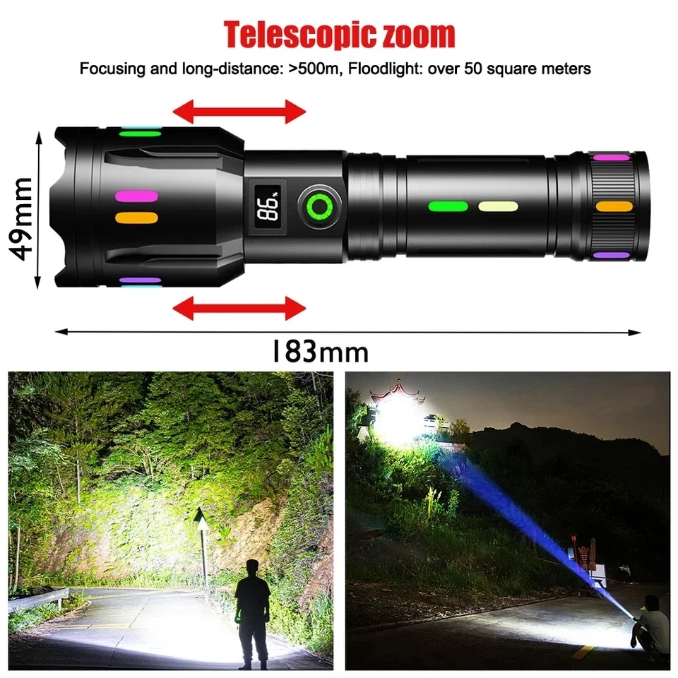 Imagem -02 - Bright Led Zoomable Camping Lanterna Lanterna Tipo-c Tocha Recarregável 650m de Longo Alcance Holofote Fluorescente Saída 26650 Lâmpada