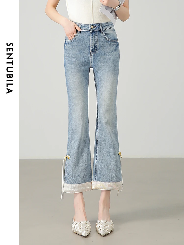 

SENTUBILA High Waist Ankle-length Flare Jeans Women 2024 Summer Split Hem Denim Pant Slim Washed Cotton Female Pants W42N55287