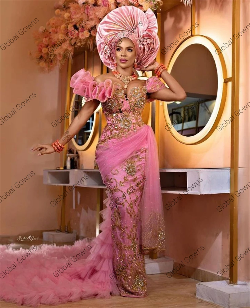 Aso Ebi Pink Off The Shoulder Evening Dress For Black Girls Bead Birthday Party Dresses Pleat Ruffles Long Prom Gown Customized