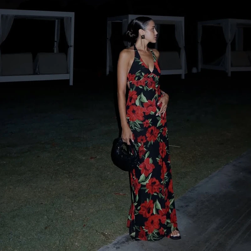 

Винтажное облегающее платье с бретелькой на шее, женское лето 202, облегающее платье без рукавов с принтом в стиле ретро, повседневное платье миди