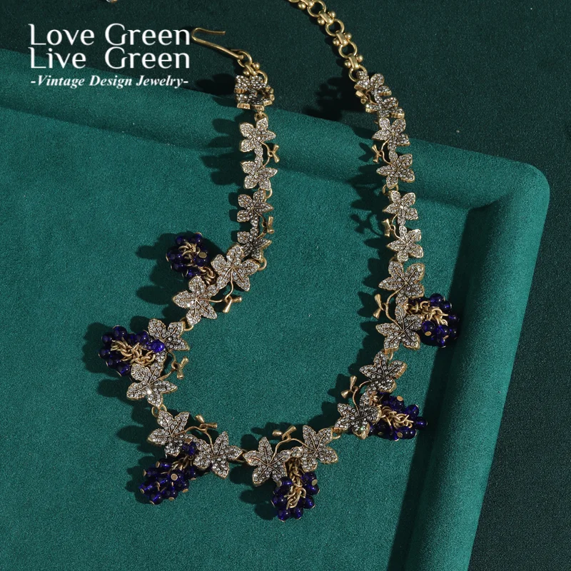

Vintage Blue Necklace Natural Stone Choker Grape Leaf Antique Gold Color Rhinestone For Woman Luxury High Quality Jewelry 2025