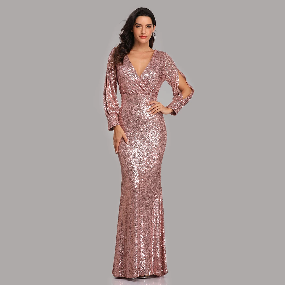 Vestido largo de noche de sirena con cuello en V para mujer, traje Sexy Formal con lentejuelas completas, manga larga, 2021