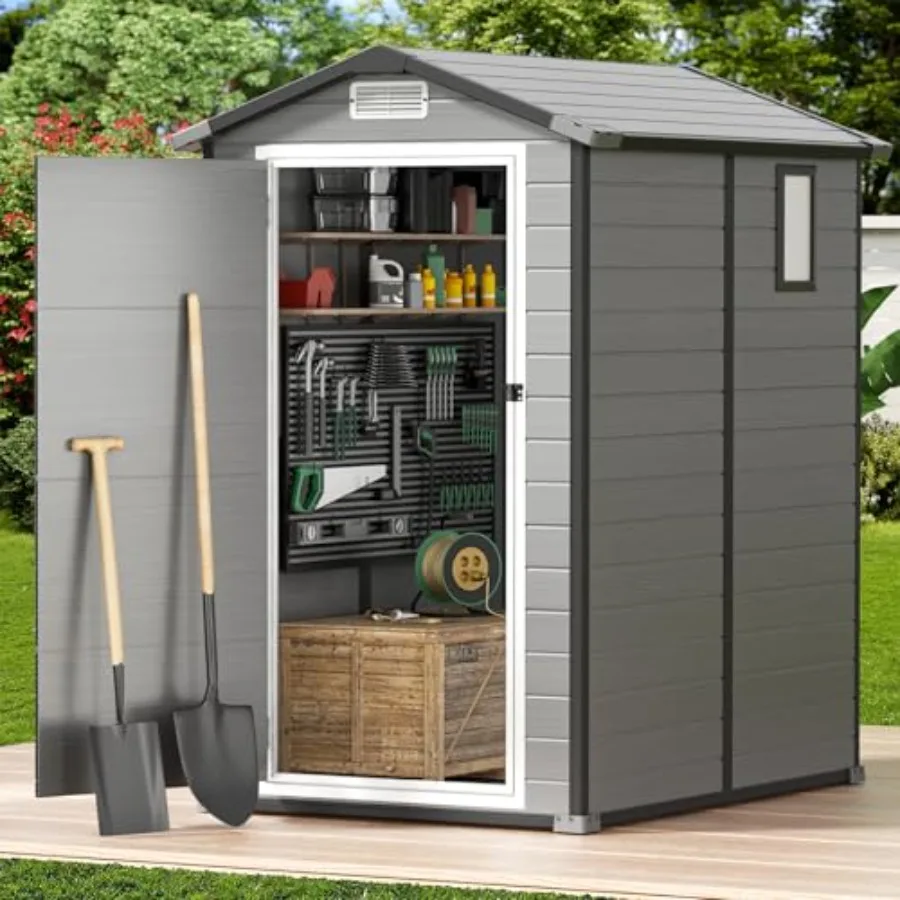 Outdoor storage shed for backyard use, resin plastic material, gray color, weather-resistant and includes floor