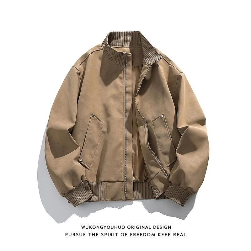 

Retro American Sle PU Leather Patchwork Stand Collar Jaet Men's Loose Casual Outerwear Spring Autumn Winter for Couples