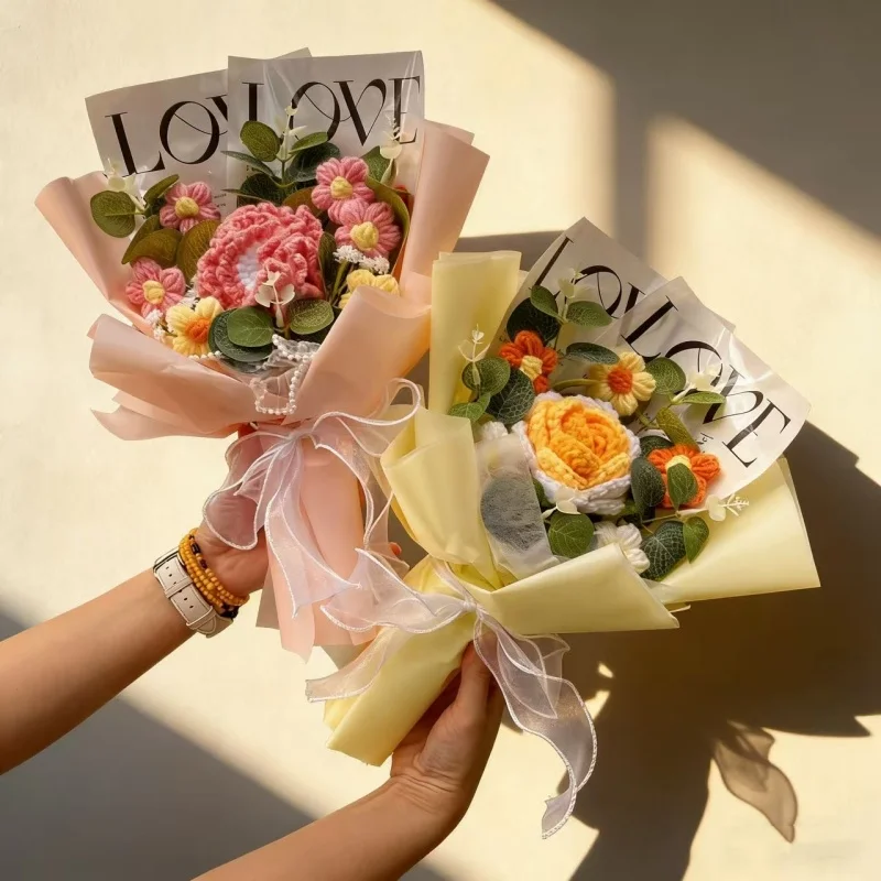 Handgefertigte Fertige Häkelrosen Sonnenblumen Nelken Künstliche Blumensträuße Konservierte Hochzeits-Geburtstags-Abschlussgeschenke – Detail 3