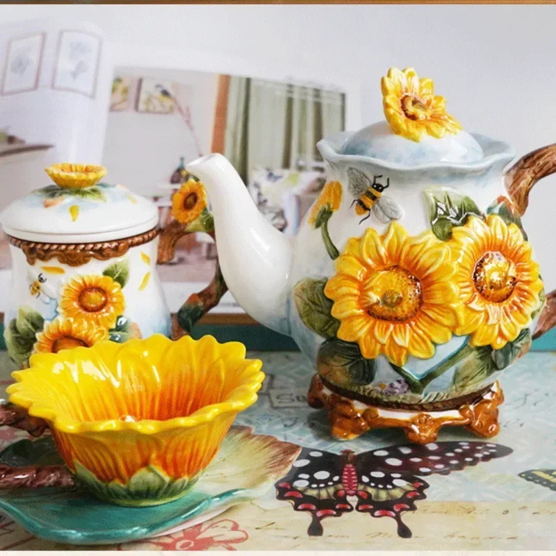 Creative Sunflower Ceramic Tea Set Exquisite Hand-painted Coffee Cup Kitchenware Gift Tea Cup Home High Appearance Level Teapot