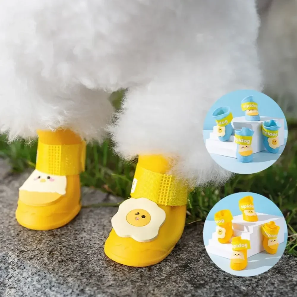 4Pcs/Set Cartoon Cute Pet Silicone Rain Boot Portable Dog Shoes Anti Slip Waterproof Foot Cover Outdoor Pet Paw Protector