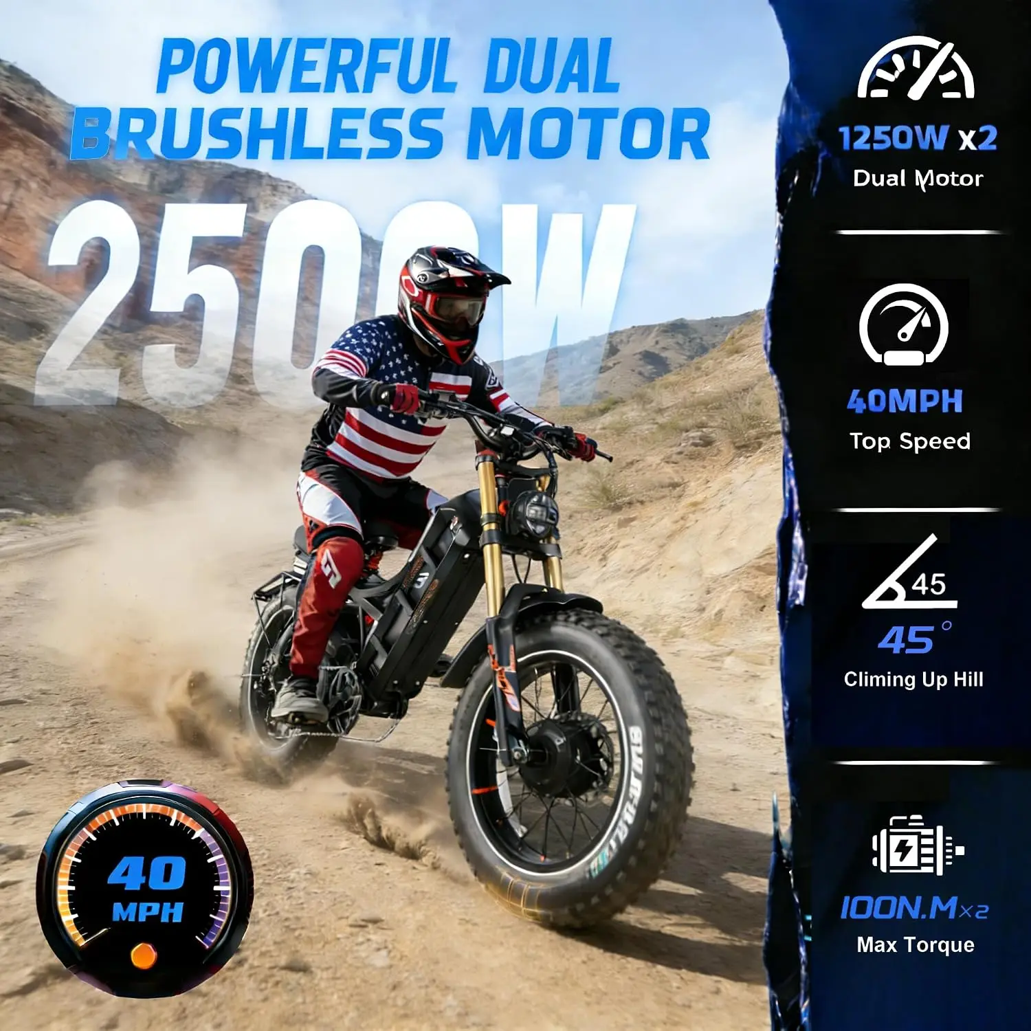 2500W Dual Motor Electric Bike 52V 60Ah 40MPH 200Miles 20