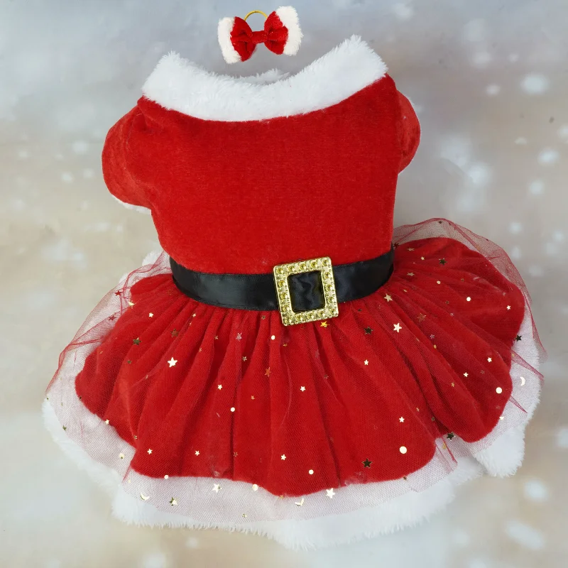 Samt-Weihnachtsmannkleid für Hunde mit Pailletten-Netzrock Flauschiger Weißer Besatz Elegantes Weihnachtsoutfit für Kleine Hunde Perfekt für Fotos – Detail 8