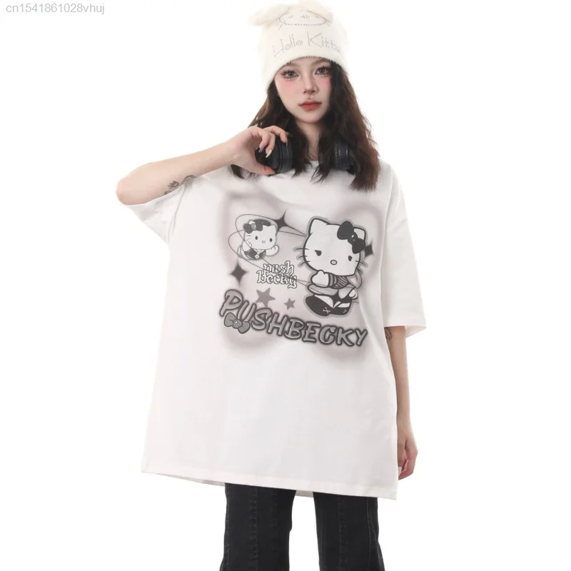 Sanrio Hello Kitty Gothic Printed Black White T-shirt Y2k Youthful Woman Clothes Summer New 2024 Oversize Top 2000s Punk Tees