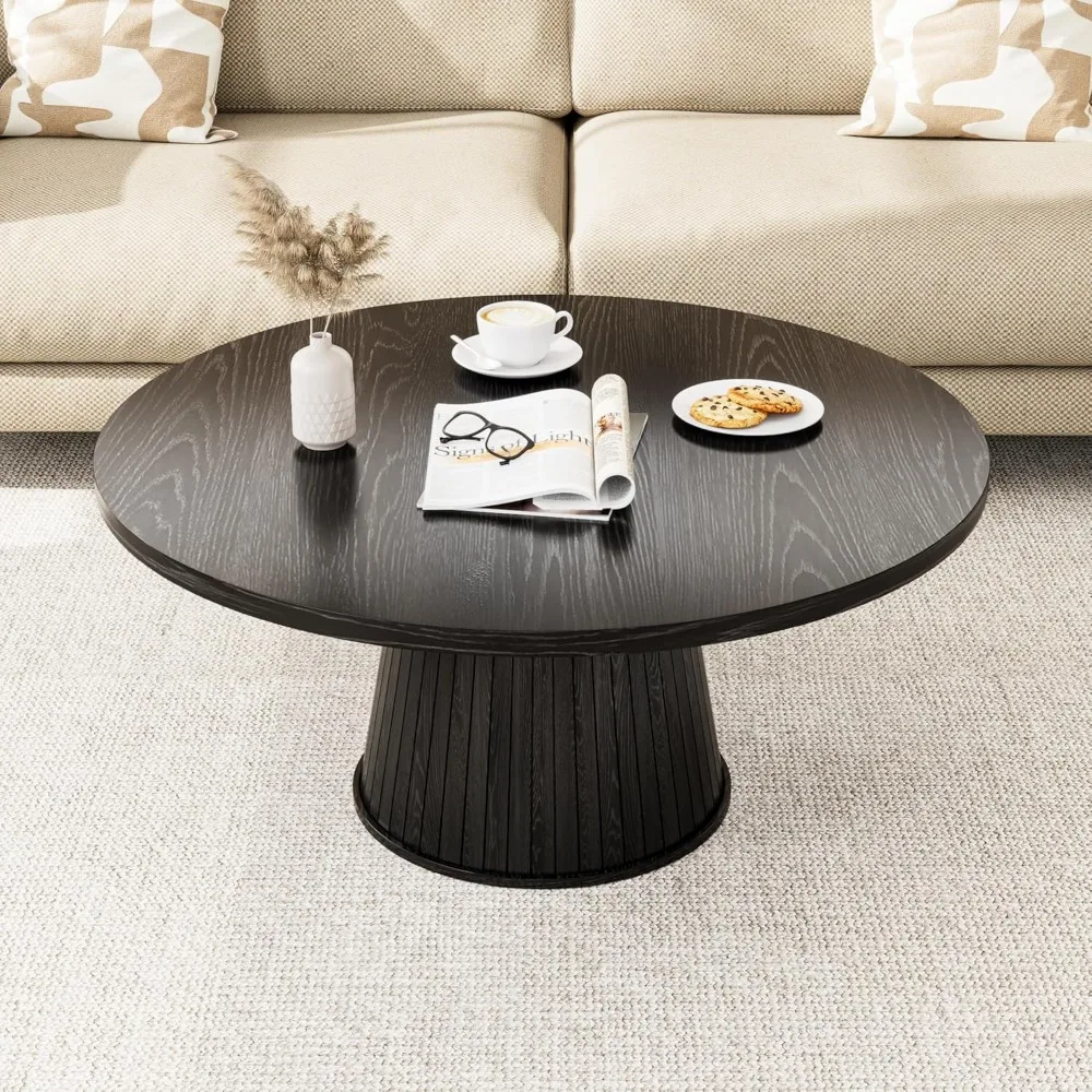Rustic Mid-Century Modern Round Coffee Table with Fluted Center, 31.5 for Living Room