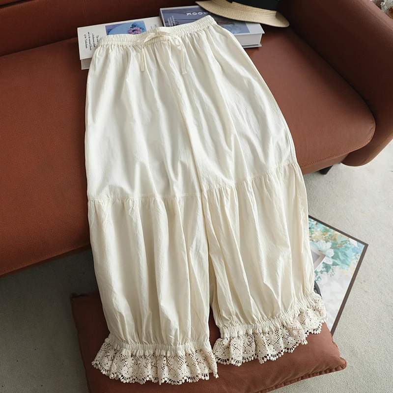 Summer Forest-style Mori Girl Bubble Pants Women's Clothing Drawstring Tie Lace Trim Loose And Casual Ankle-length Pants U098